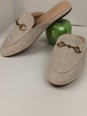 Minorsu Women's Beige Woven Linen Texture Slip-On Horsebit Classic Mules sz 9
